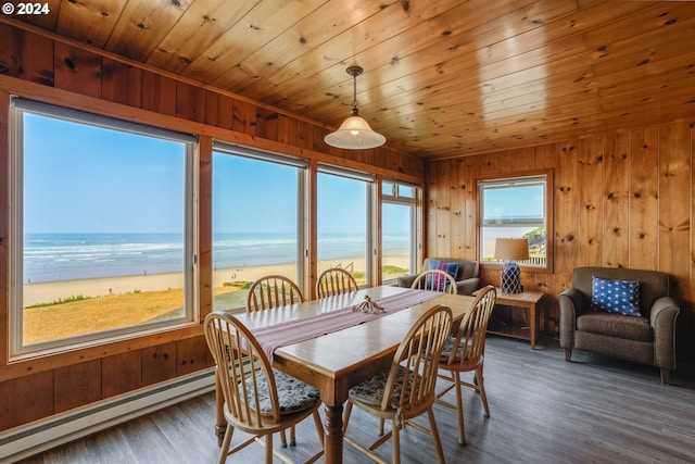 dining room with a water view, wood walls, a view of the beach, baseboard heating, and dark wood-type flooring