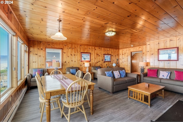 dining space featuring wood walls, a baseboard radiator, dark hardwood / wood-style flooring, and wooden ceiling