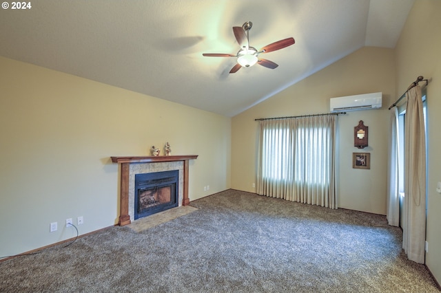 unfurnished living room featuring carpet, a wall mounted AC, lofted ceiling, and ceiling fan