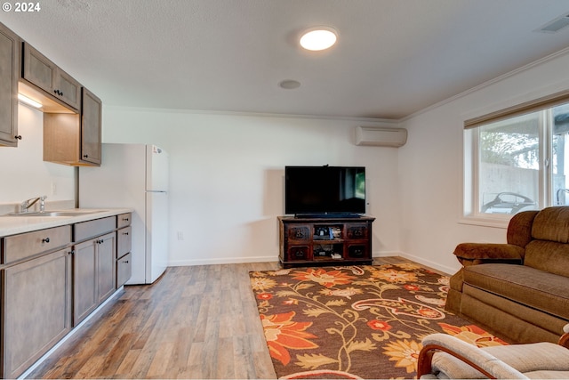 living room featuring a wall mounted air conditioner, ornamental molding, sink, and light hardwood / wood-style flooring