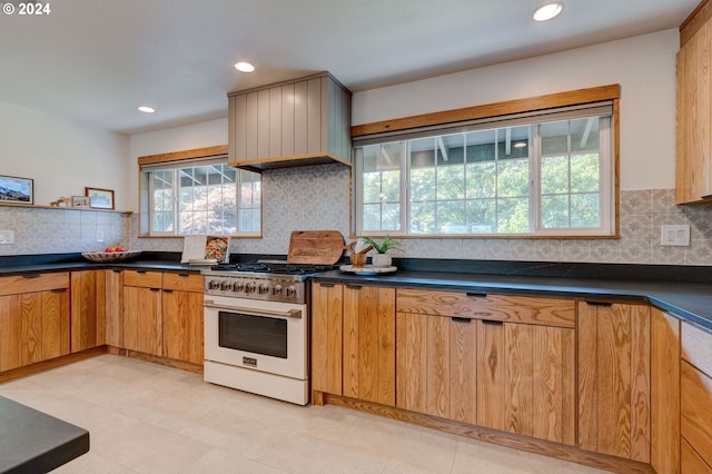 kitchen with decorative backsplash, high end range, and a healthy amount of sunlight