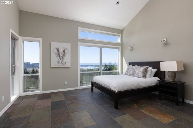 bedroom with high vaulted ceiling