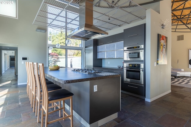 kitchen featuring a towering ceiling, island exhaust hood, appliances with stainless steel finishes, and a breakfast bar