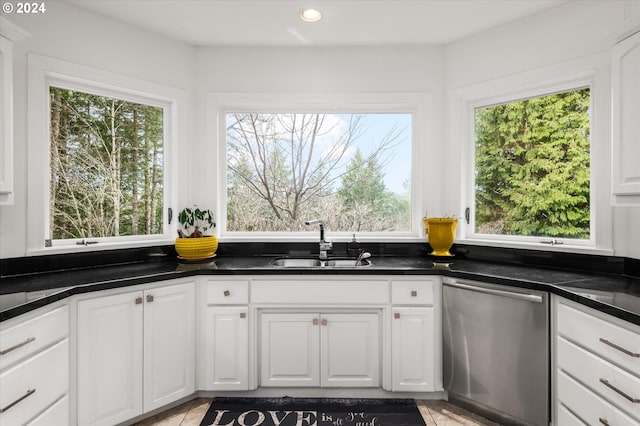 kitchen featuring white cabinets, dishwasher, and sink