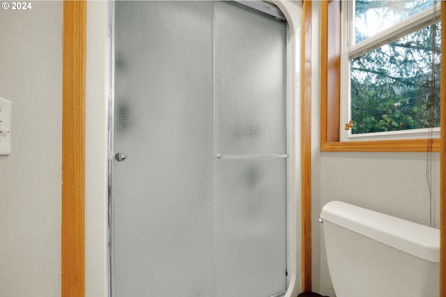 bathroom featuring an enclosed shower and toilet