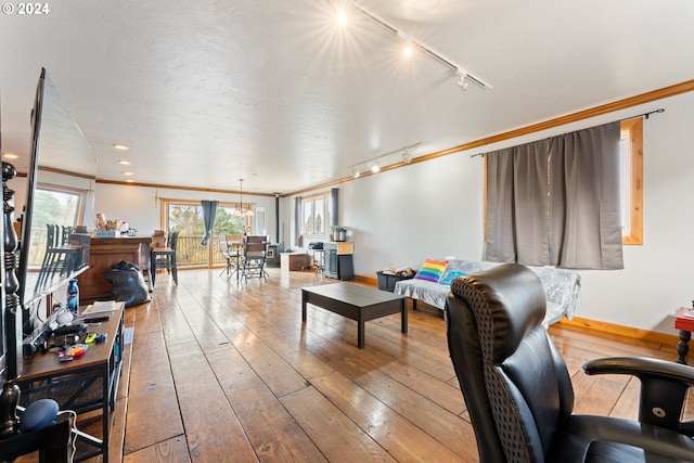 living area featuring ornamental molding, a textured ceiling, baseboards, and hardwood / wood-style flooring