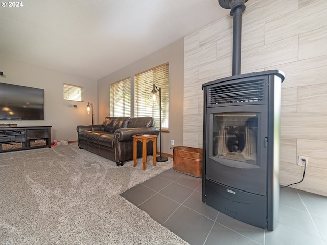 carpeted living room featuring a wood stove