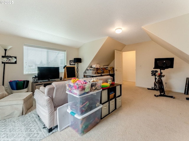 living room with vaulted ceiling, a textured ceiling, and carpet flooring