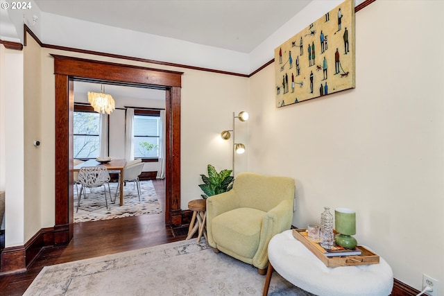 living area featuring dark wood-type flooring and a notable chandelier