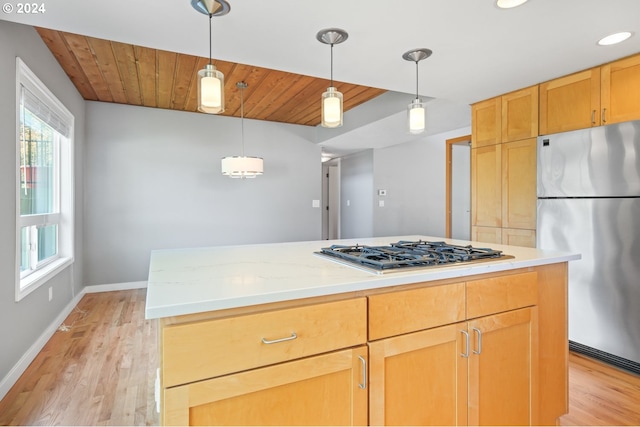 kitchen with baseboards, wooden ceiling, light wood-style flooring, a center island, and stainless steel appliances