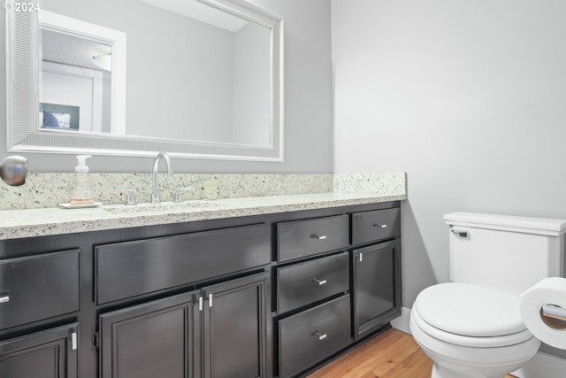 bathroom with vanity, toilet, and wood finished floors