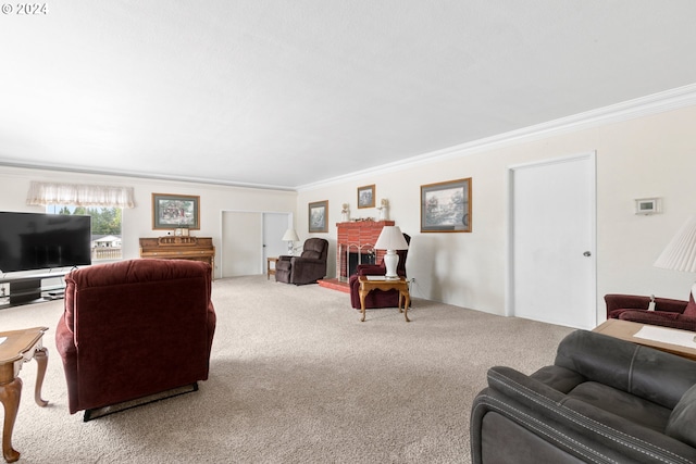 carpeted living room featuring crown molding and a brick fireplace