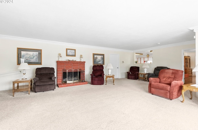 carpeted living area featuring a fireplace and crown molding