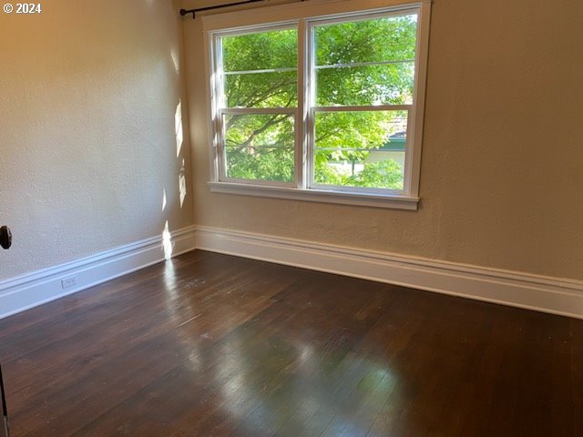 unfurnished room with dark wood-type flooring