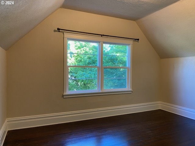 additional living space featuring lofted ceiling, hardwood / wood-style floors, and a textured ceiling