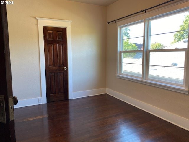 unfurnished room with dark wood-type flooring