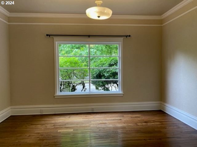 spare room with hardwood / wood-style flooring and crown molding