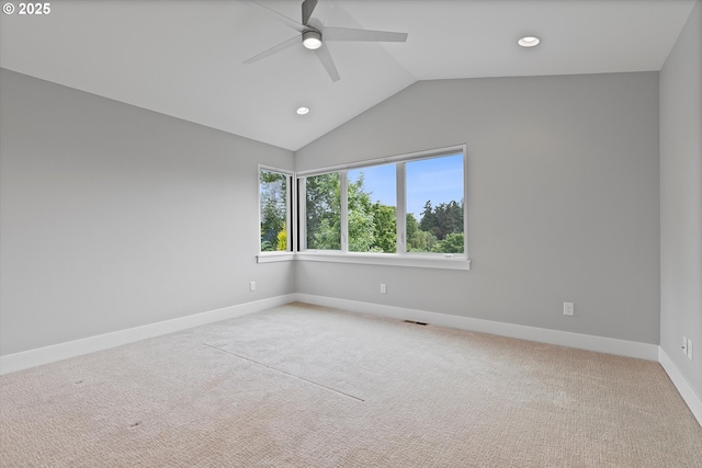 13560 SW Whitworth Ct, Beaverton, OR 97005 - spare room with ceiling fan, baseboards, lofted ceiling, light colored carpet, and recessed lighting