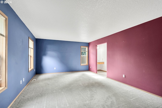 empty room with light carpet and a textured ceiling