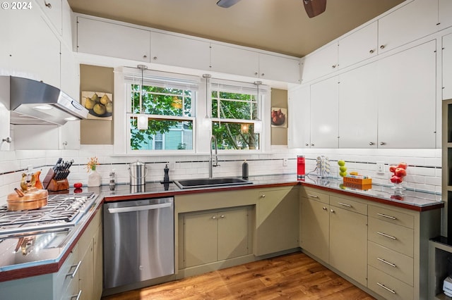 kitchen featuring sink, light hardwood / wood-style flooring, dishwasher, and range hood