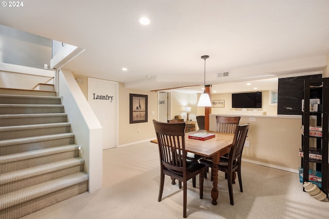 dining room featuring recessed lighting, stairs, carpet, and visible vents