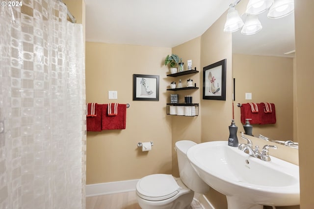 bathroom with toilet, a shower with curtain, and sink