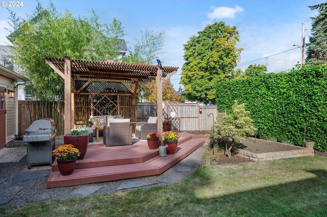 wooden terrace featuring an outdoor hangout area, a yard, area for grilling, and a pergola