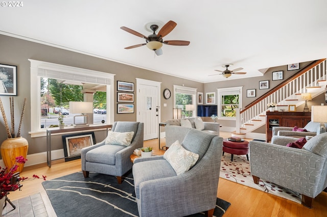 3107 N Rosa Parks Way, Portland, OR 97217 - living room with stairs, ceiling fan, wood finished floors, and crown molding