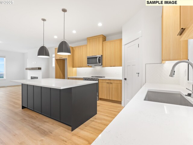 kitchen featuring light wood-style floors, stainless steel appliances, tasteful backsplash, and a sink