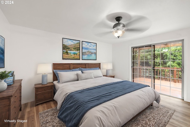 bedroom with ceiling fan, access to exterior, and light hardwood / wood-style flooring