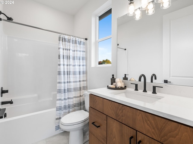 full bathroom with tile patterned flooring, an inviting chandelier, vanity, shower / bath combination with curtain, and toilet