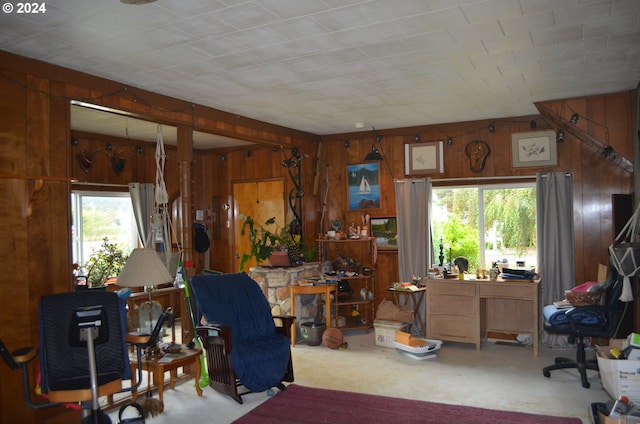 living room featuring wood walls and light colored carpet