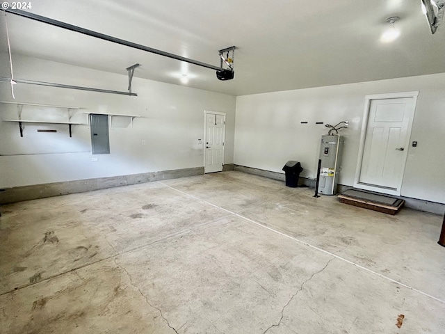 parking deck featuring a garage door opener, electric panel, water heater, and baseboards