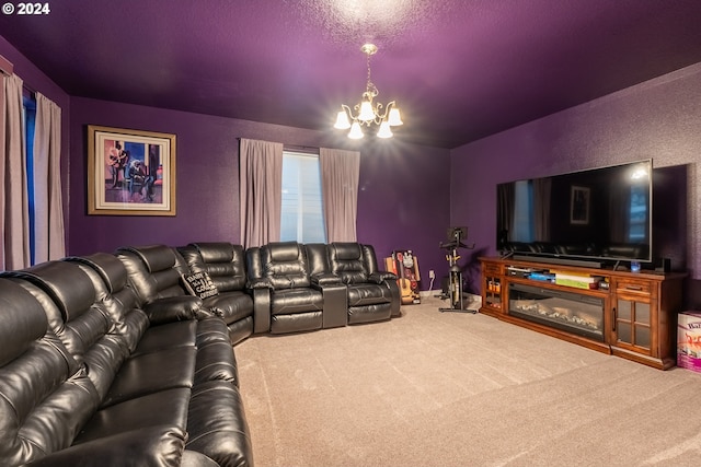 living room featuring a chandelier and carpet