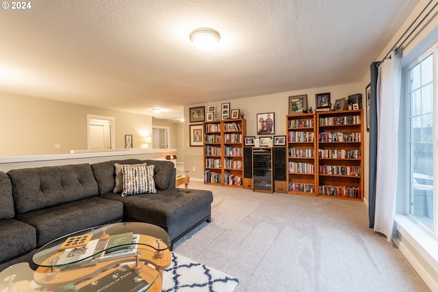 living room featuring a textured ceiling and carpet floors