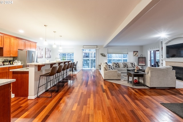 living room featuring dark wood-type flooring