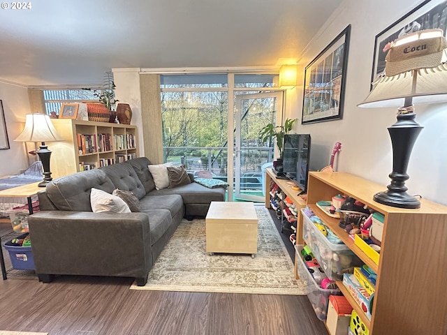 living room with wood-type flooring and floor to ceiling windows