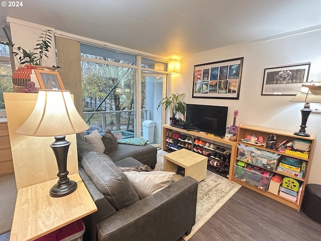 living room featuring a wall of windows and hardwood / wood-style flooring