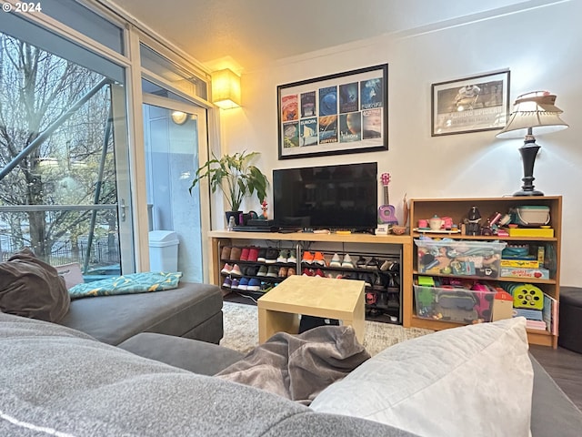 interior space featuring hardwood / wood-style flooring, a wall of windows, and crown molding