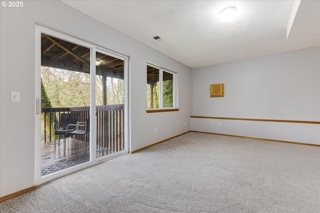 carpeted spare room with a textured ceiling