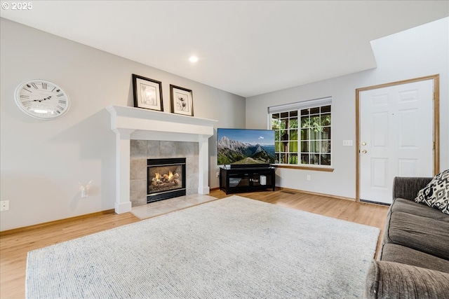 living room with a tile fireplace and wood-type flooring