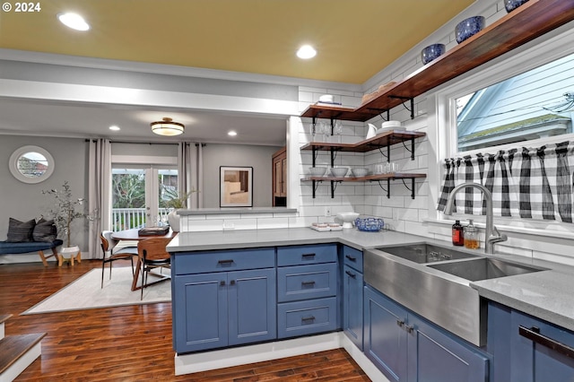 kitchen with blue cabinets, sink, dark wood-type flooring, and tasteful backsplash