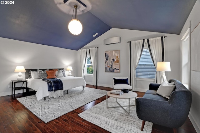 bedroom featuring a wall mounted air conditioner, lofted ceiling, and dark wood-type flooring