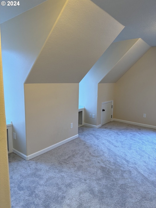 additional living space featuring a textured ceiling, light colored carpet, and lofted ceiling