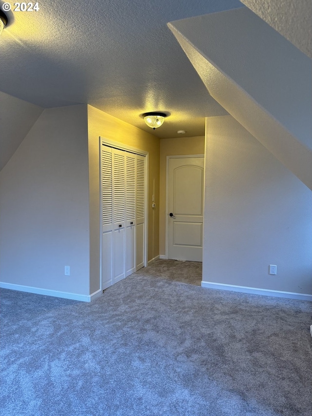 additional living space with carpet flooring, lofted ceiling, and a textured ceiling