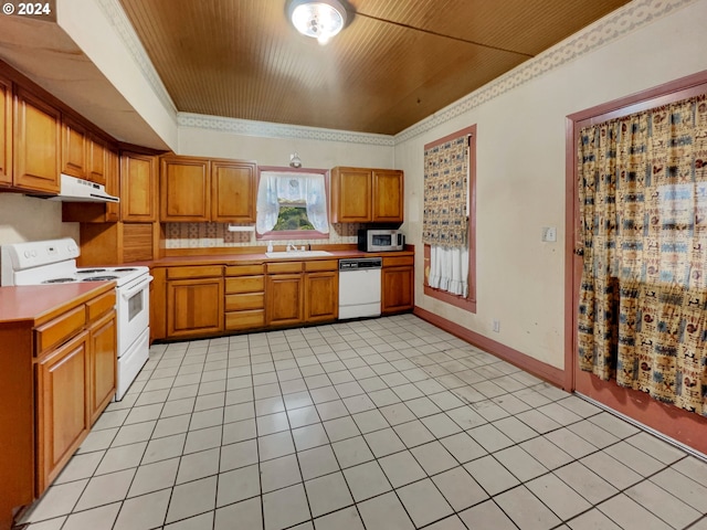 kitchen with sink, ornamental molding, light tile patterned floors, wood ceiling, and white appliances