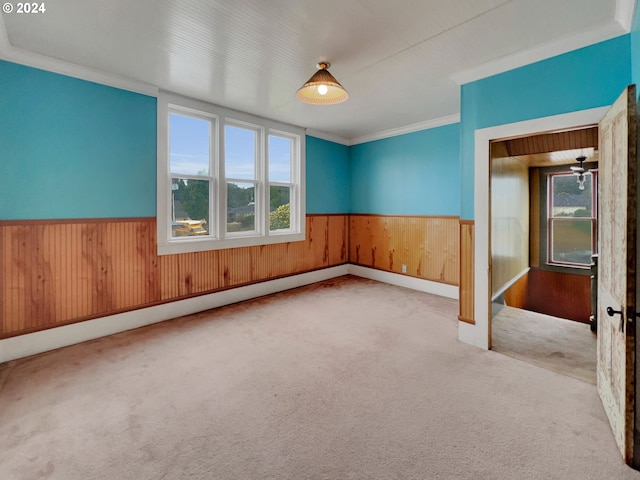 spare room with ornamental molding, light colored carpet, wooden walls, and baseboard heating