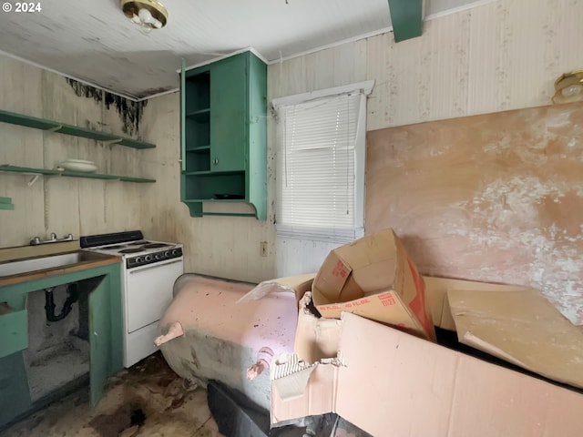 kitchen featuring white range and green cabinets