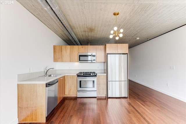 kitchen featuring appliances with stainless steel finishes, sink, light brown cabinets, dark hardwood / wood-style floors, and hanging light fixtures