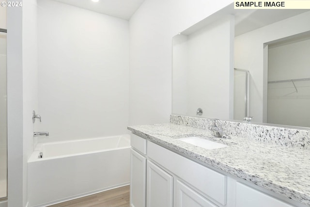 bathroom with hardwood / wood-style floors and large vanity